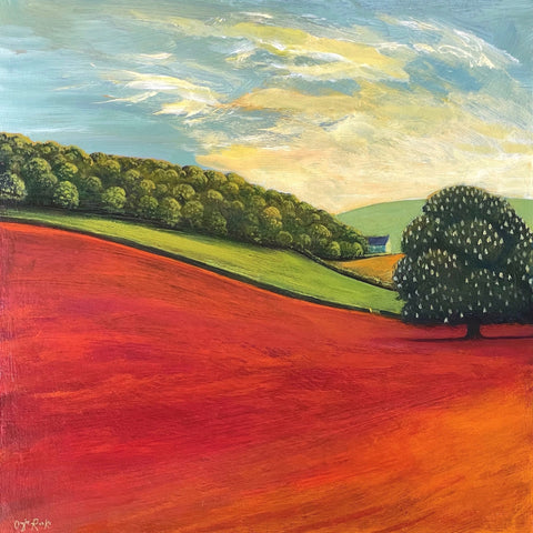 Painting of trees and rolling fields filled with barley by artist Angie Rooke