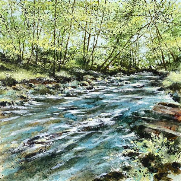 Painting of a river flowing beneath the trees by artist Adele Riley