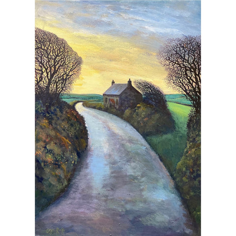 Painting of a cottage on a winding Cornish lane by artist Angie Rooke