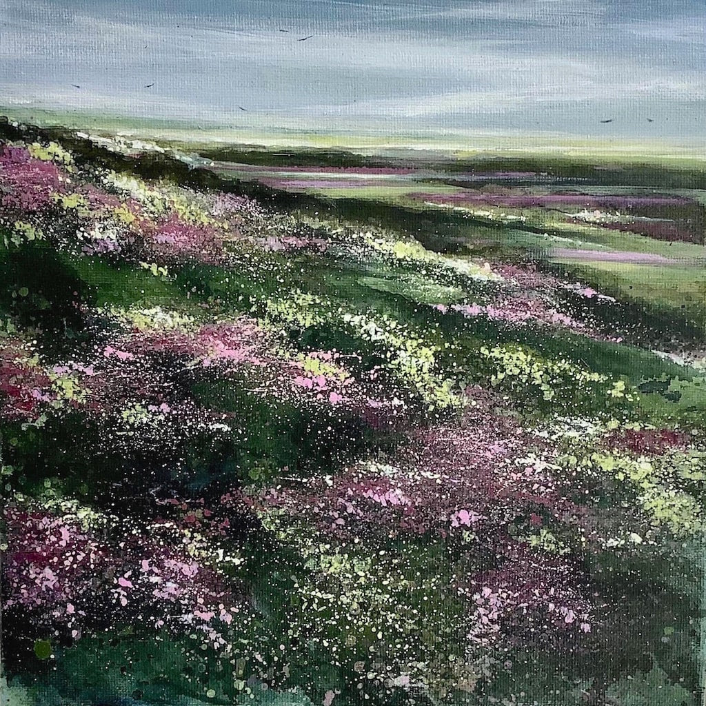 Painting of heather on the heath at dusk by artist Adele Riley