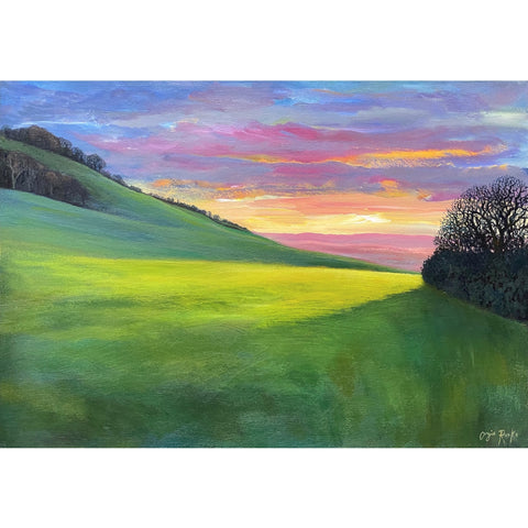 Painting of trees and rolling fields at sunset by artist Angie Rooke