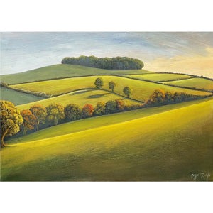 Painting of trees and rolling fields by artist Angie Rooke