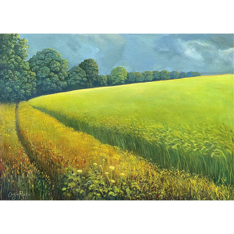 Painting of trees and a field filled with barley by artist Angie Rooke