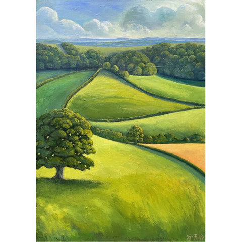 Painting of trees, hedges and rolling fields by artist Angie Rooke