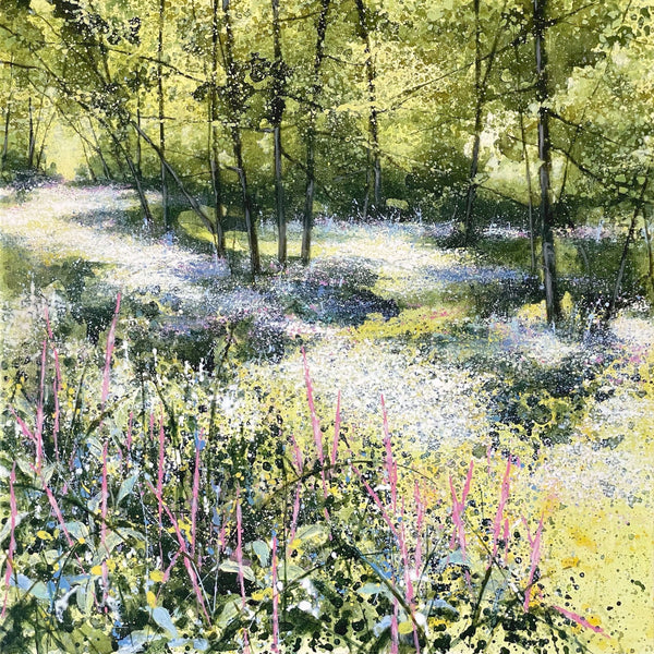 Painting of flowers growing in woodland by artist Adele Riley