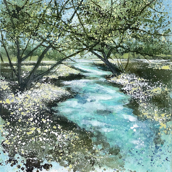 Painting of a brook surrounded by flowers, flowing beneath the trees by artist Adele Riley
