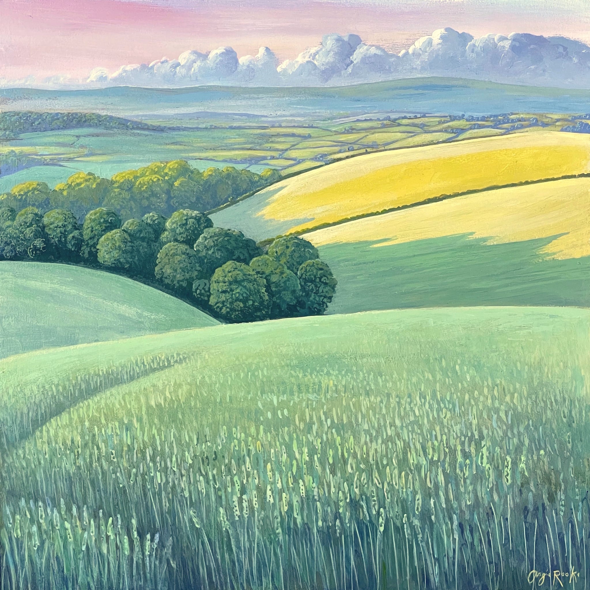 Painting of trees and rolling fields with ripening wheat on an early summer's evening by artist Angie Rooke