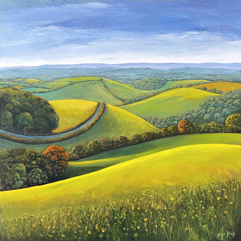 Painting of trees and rolling fields as the seasons change by artist Angie Rooke