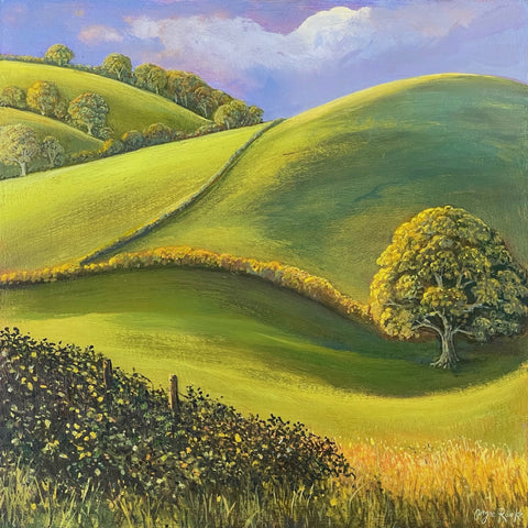 Painting of trees, hedges and rolling fields by artist Angie Rooke