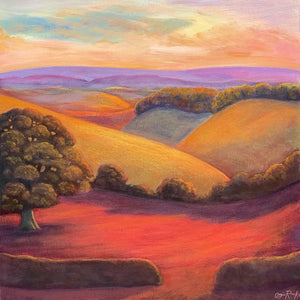 Painting of autumnal trees and rolling fields in warm afternoon sunshine by artist Angie Rooke