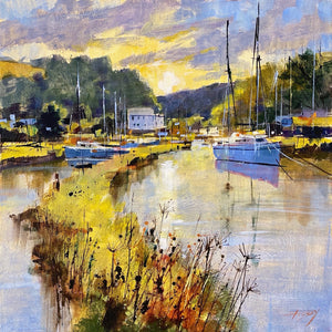 Painting of moored boats in Gweek, Cornwall by artist Chris Forsey