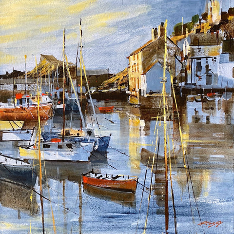 Painting of the boats and buildings at Polperro, Cornwall by artist Chris Forsey