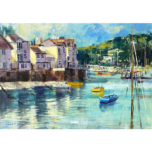 Painting of the evening sunshine hitting the water and buildings in Fowey, Cornwall by artist Chris Forsey