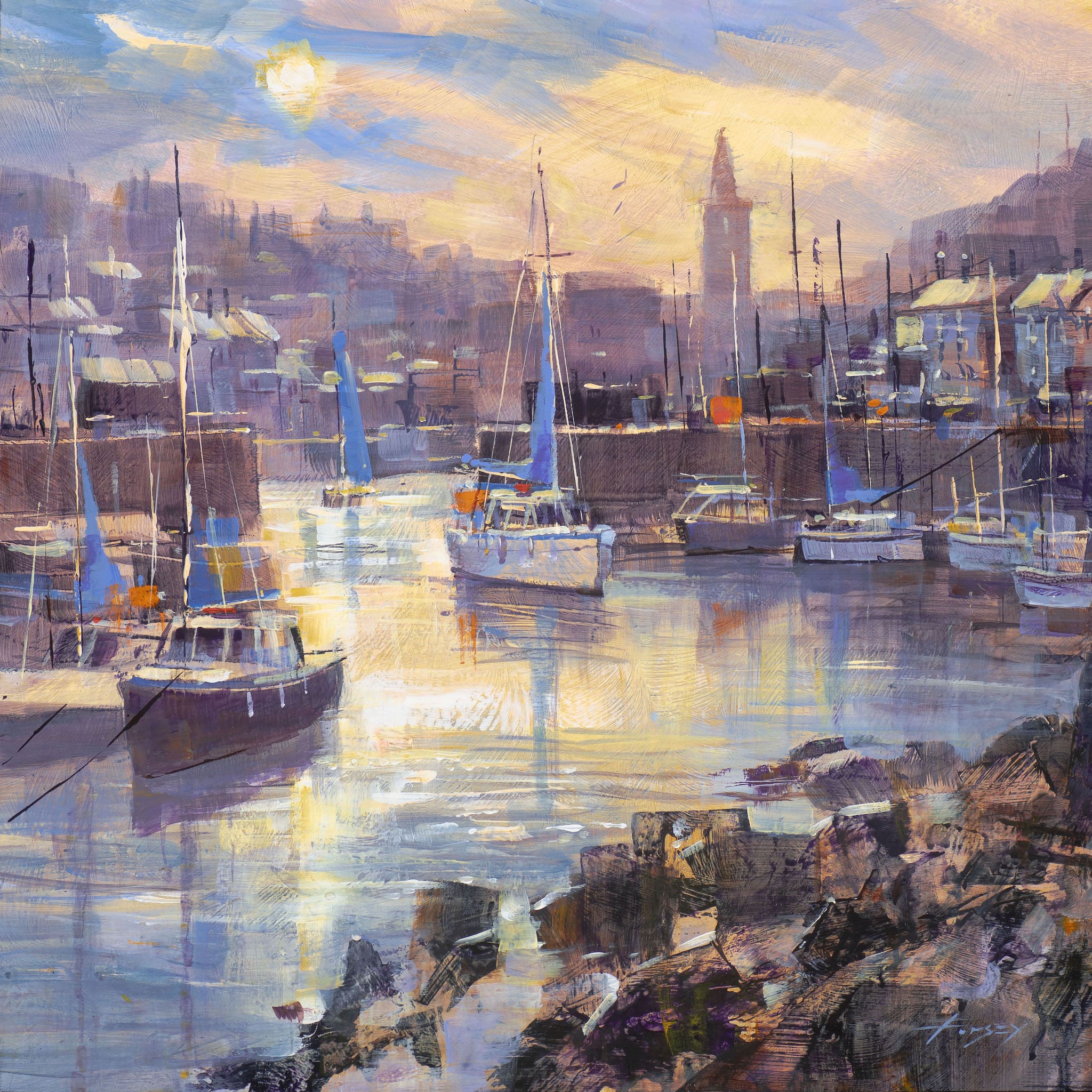 Painting of the boats and buildings at Porthleven, Cornwall by artist Chris Forsey