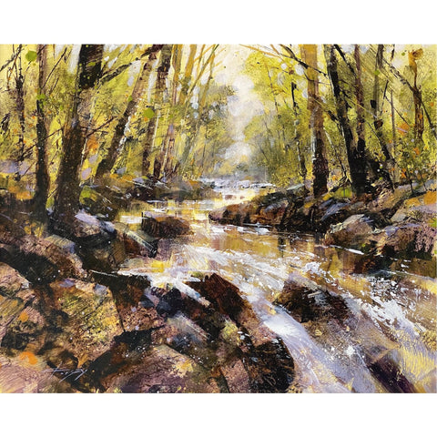 Painting of a river running through woodland in Cornwall by artist Chris Forsey