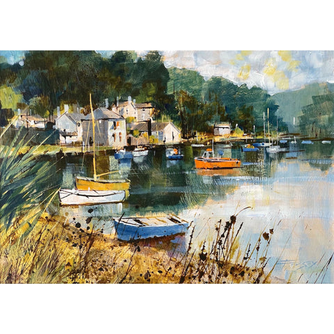 Painting of boats and buildings in Lerryn, Cornwall by artist Chris Forsey