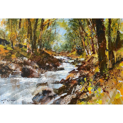 Painting of trees over a rocky river in Cornwall by artist Chris Forsey