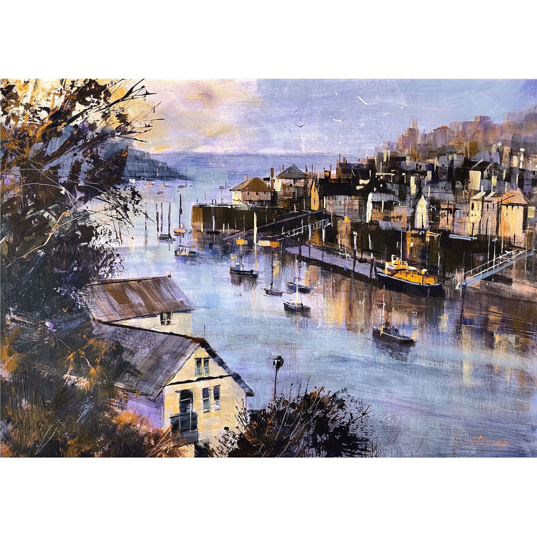 Painting of the sun rising over Fowey, Cornwall by artist Chris Forsey