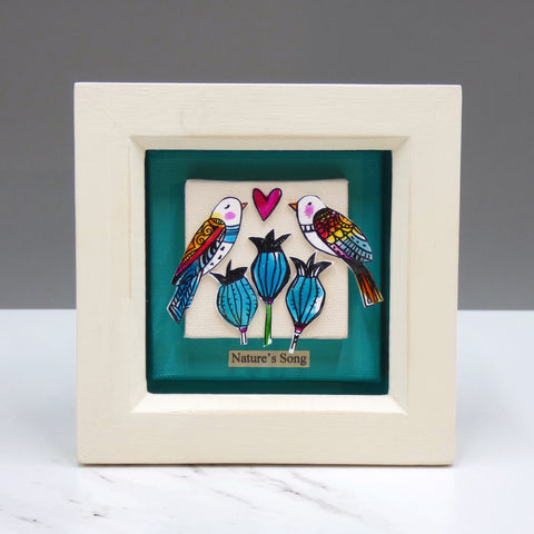 Miniature mixed media collage of birds and flowers by artist Catherine Hoskin