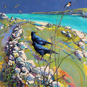 Painting of choughs and swallows on a may morning at Pendeen, Cornwall by artist Daniel Cole
