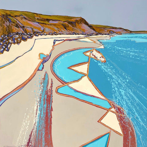 Semi abstract painting of the tide pushing over the sand in Cornwall by artist Daniel Cole