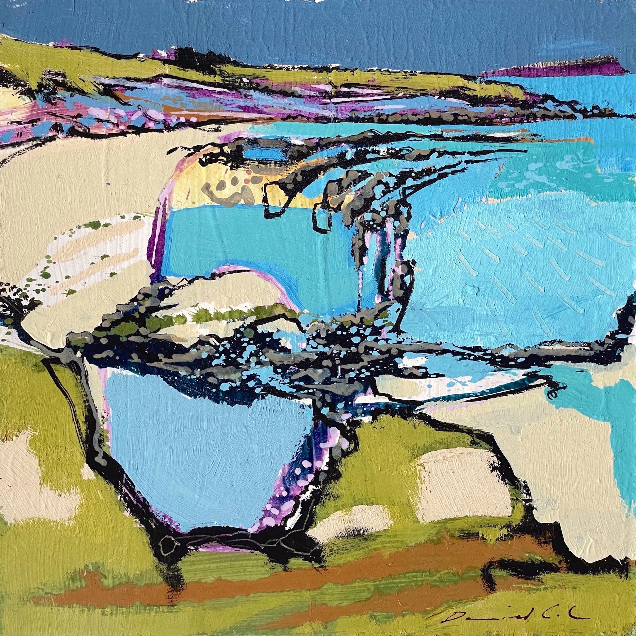 Semi abstract painting of Towan Beach and Nare Head by artist Daniel Cole