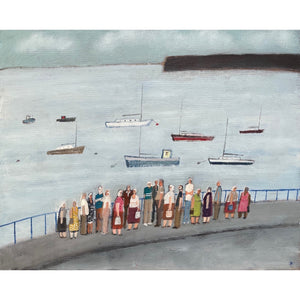 Painting of rowdy pensioners waiting for a coach by artist David Fawcett