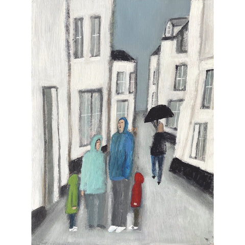 Painting of a family on a rainy holiday by artist David Fawcett
