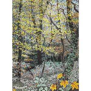 Painting of a forest in autumn by artist Ian Pethers