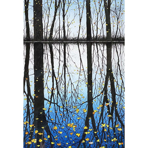 Painting of trees and autumn leaves reflected in the water by artist Ian Pethers