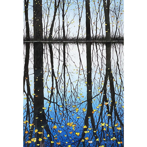 Painting of trees and autumn leaves reflected in the water by artist Ian Pethers