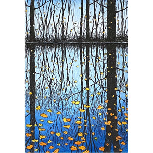 Painting of trees and autumn leaves reflected in the water by artist Ian Pethers