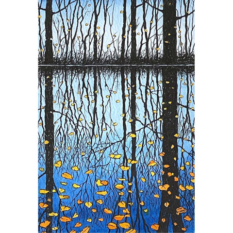 Painting of trees and autumn leaves reflected in the water by artist Ian Pethers