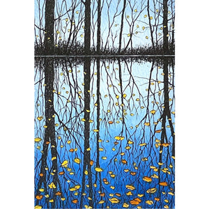 Painting of trees and autumn leaves reflected in the water by artist Ian Pethers