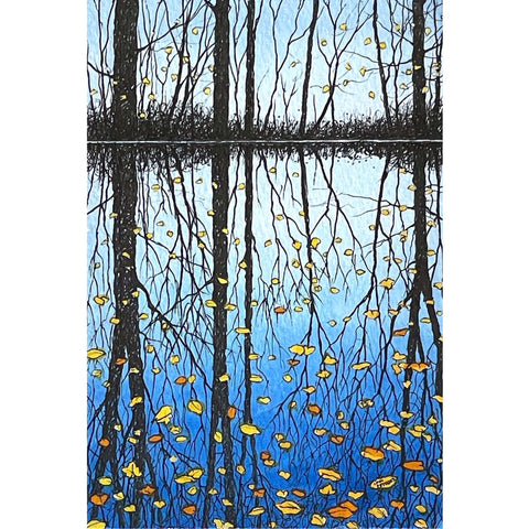 Painting of trees and autumn leaves reflected in the water by artist Ian Pethers