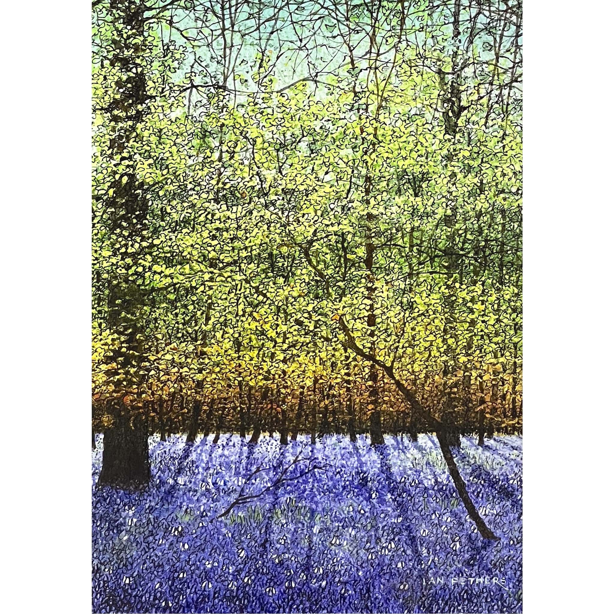 Painting of bluebells growing underneath trees by artist Ian Pethers