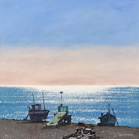 Painting of fishing boats on the beach at Beer, Devon by artist Ian Pethers