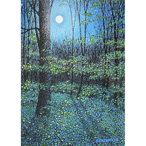 Painting of the full moon illuminating the trees and forest floor by artist Ian Pethers