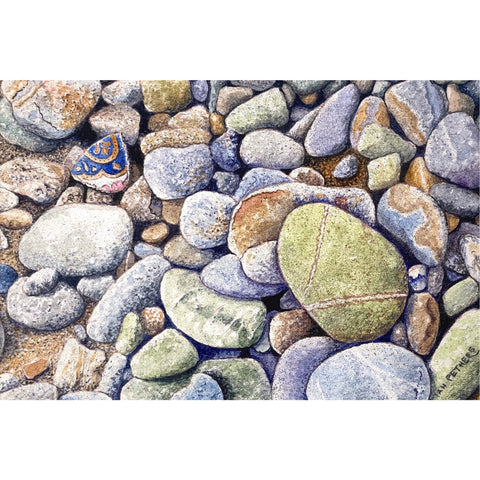 Painting of pebbles on the beach by artist Ian Pethers