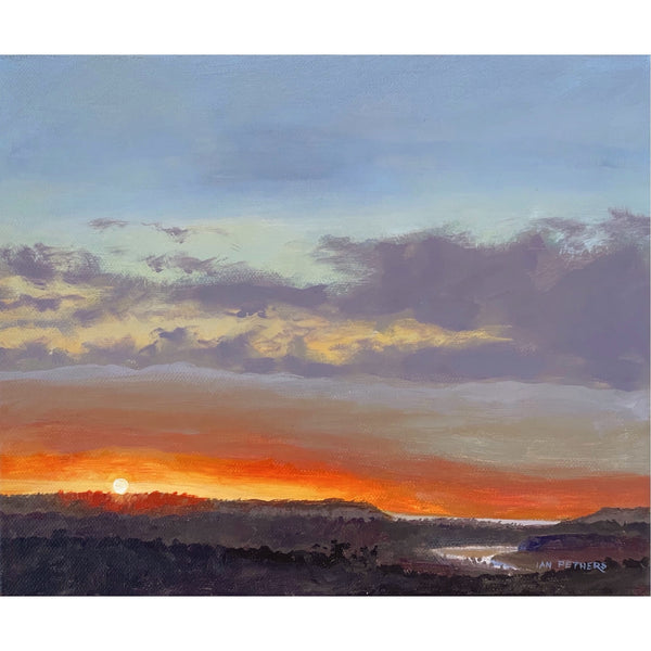Painting of a sunrise over the Tamar Valley by artist Ian Pethers