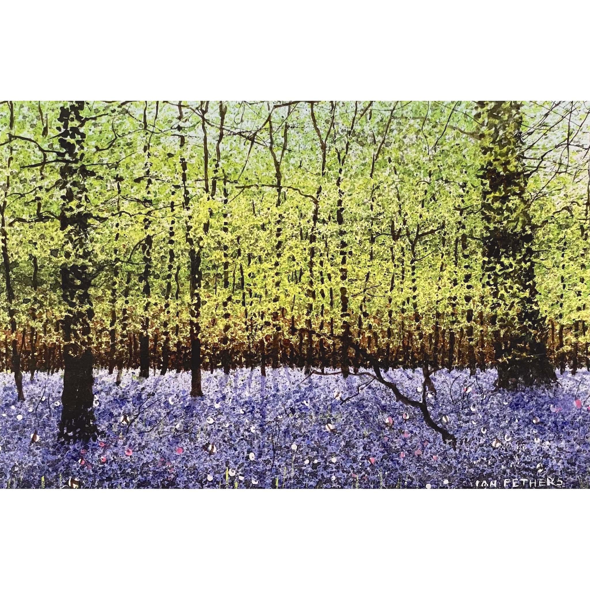 Painting of bluebells in woodland by artist Ian Pethers