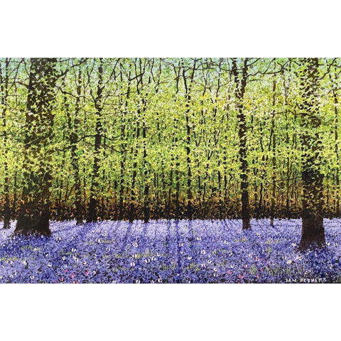 Painting of bluebells in woodland by artist Ian Pethers