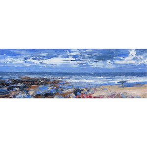 Painting of a surfer standing on the beach, watching the waves by artist John Brenton