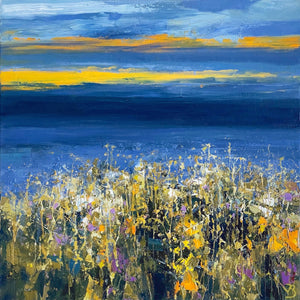 Painting of grasses and wild flowers on the clifftop, overlooking the sea at twilight by artist John Brenton