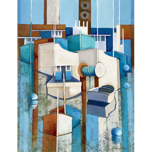 Semi-abstract painting of boats in a harbour by artist Judy Hempstead