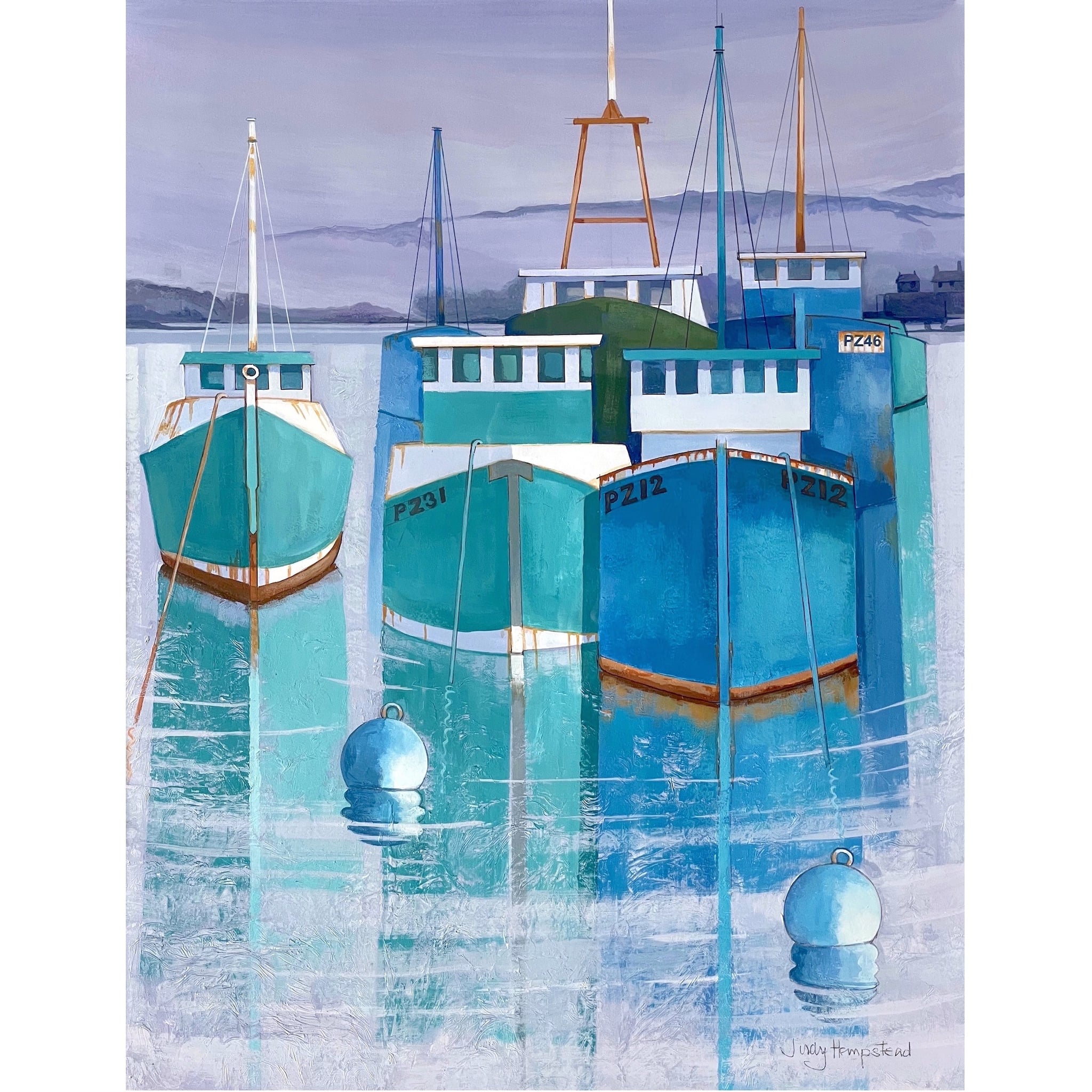 Painting of moored boats in the morning mist by artist Judy Hempstead
