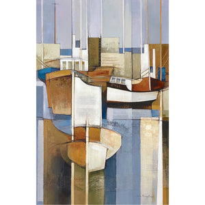 Semi-abstract painting of boats in a harbour by artist Judy Hempstead