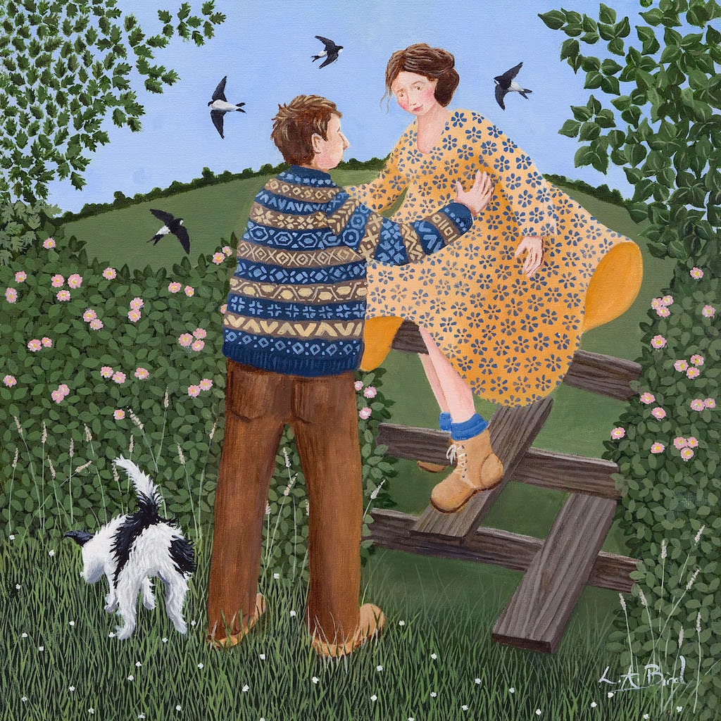 Painting of a man helping a lady in a colourful dress over a style as birds fly around by artist Lucy Almey Bird