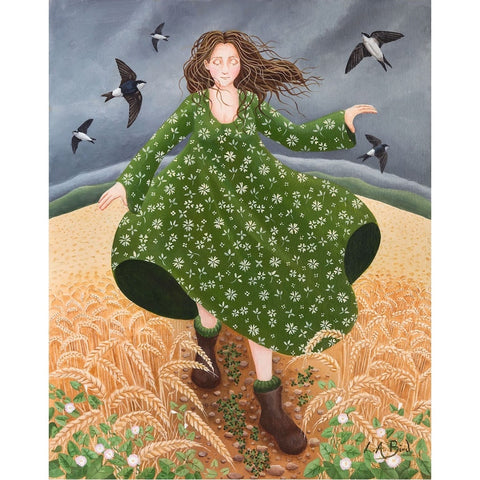 Painting of a lady walking through corn fields after a storm as birds fly around her by artist Lucy Almey Bird