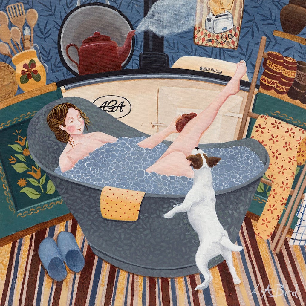 Painting of a lady relaxing in the bath tub by artist Lucy Almey Bird